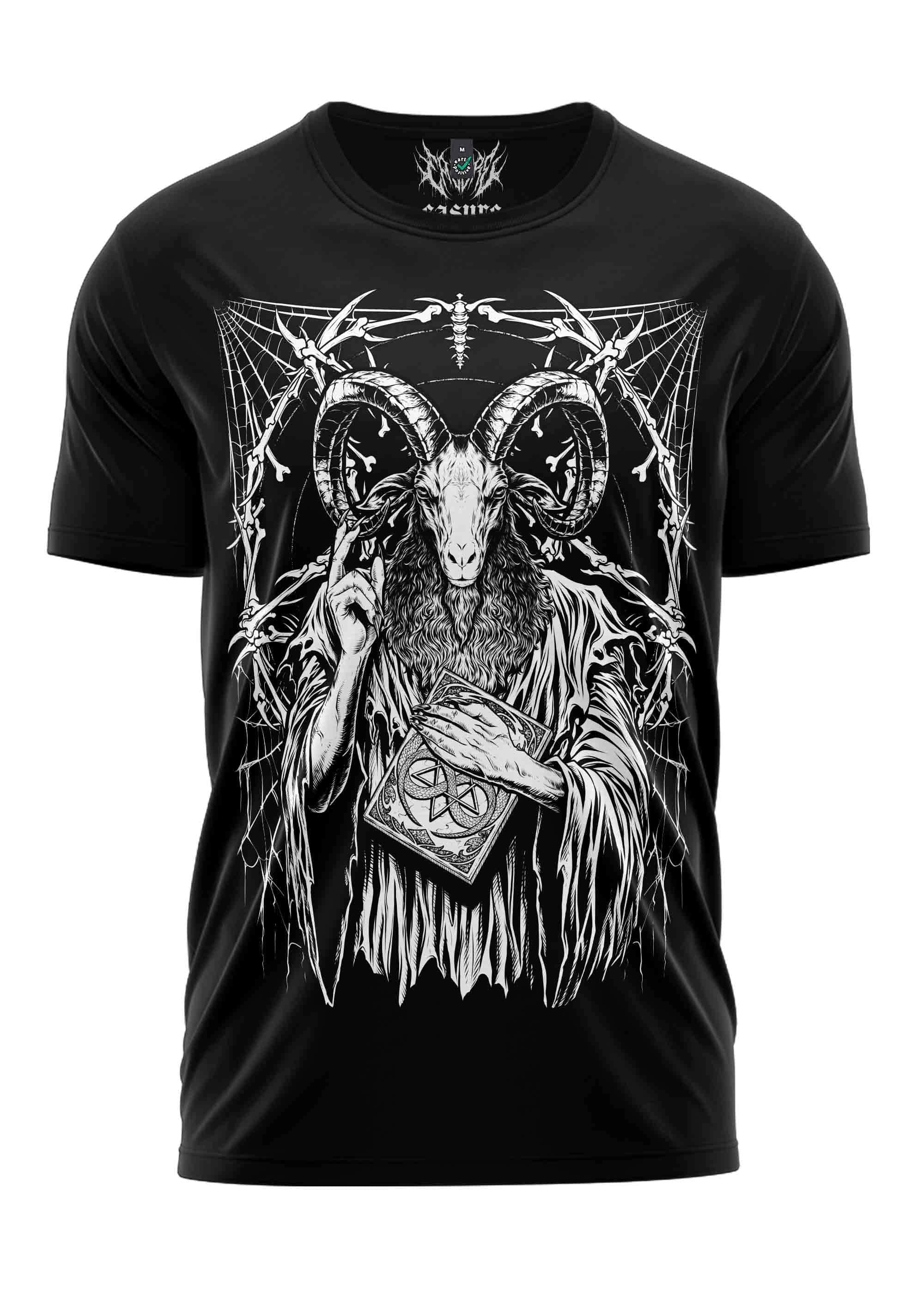 Schwarzes kurzarmshirt mit gothic horror grafik baphomets feast featuring weißen bartgeköpften ziegenkopf und buch